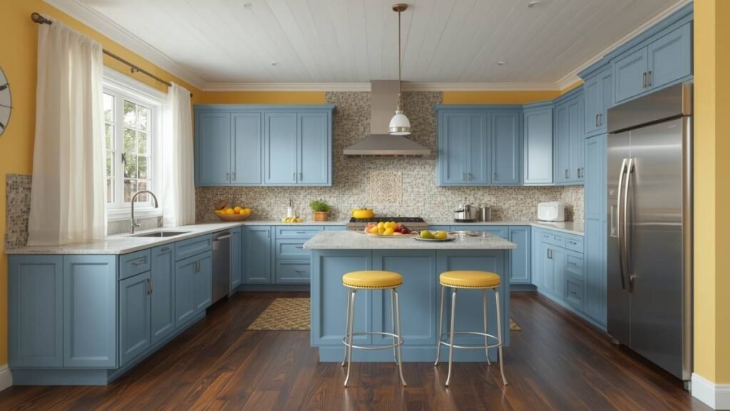 A Stylish blue and yellow kitchen decor