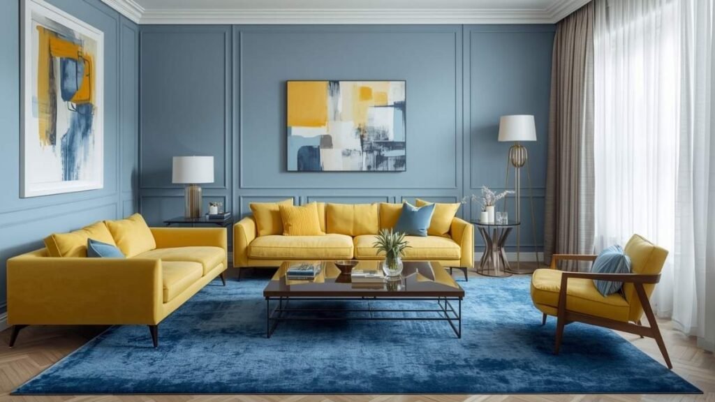 blue and yellow living room