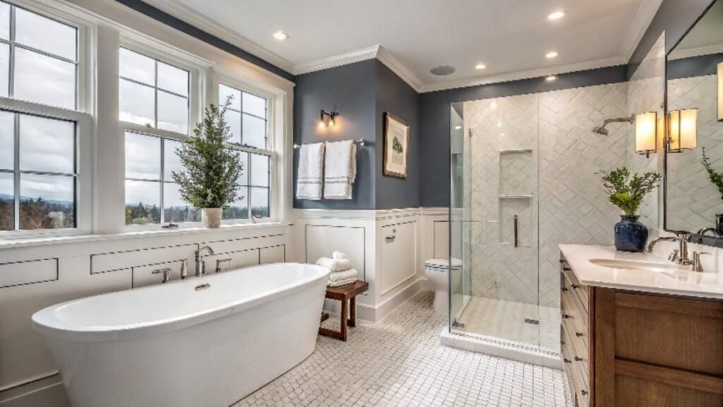 A stylish blue bathroom with a small indoor plant