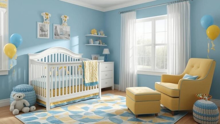 A stylish blue and yellow nursery room with white crib and yellow chair