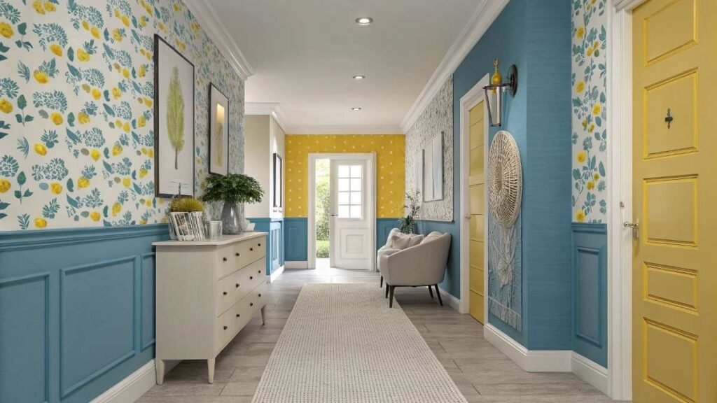 a stylish hallway with wallpaper and console table