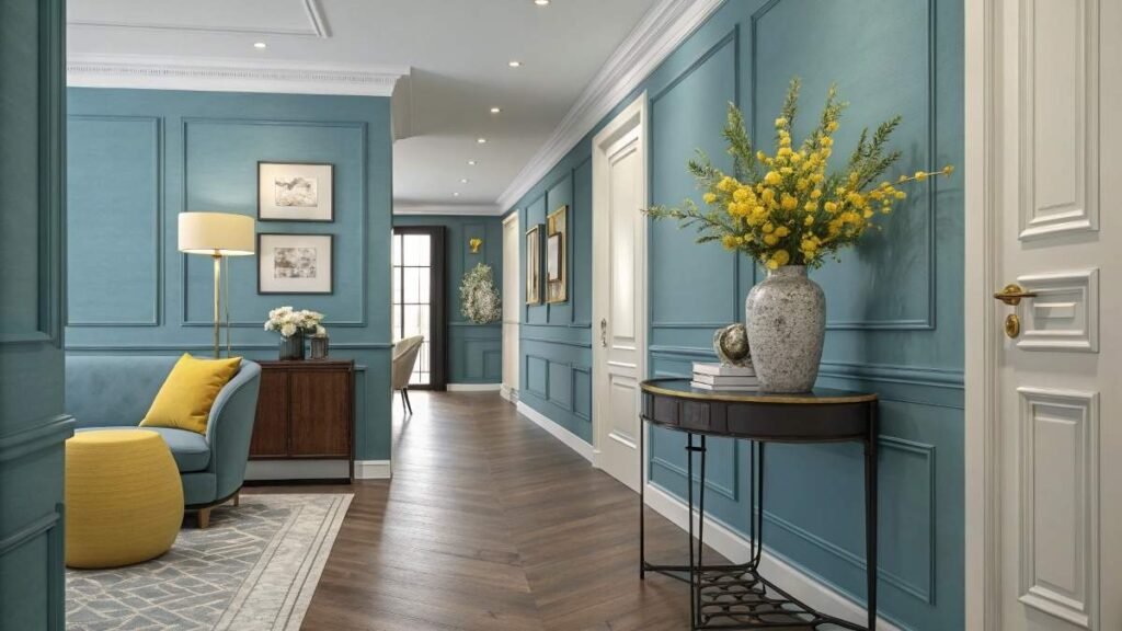 Modern hallway with ceramic vase or blue walls and decorative furnishings.