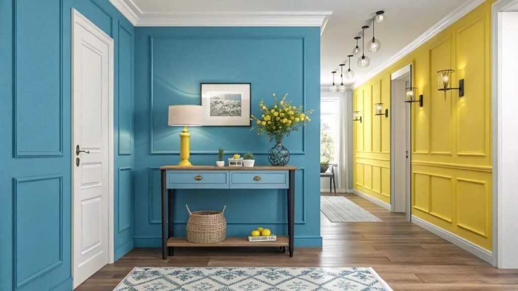 a modern hallway with console table and lamp