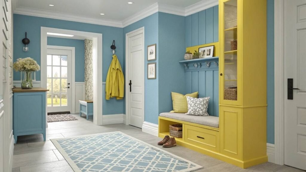 a modern hallway with entryway bench and cushion
