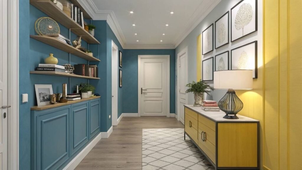 Modern hallway with wooden shelves and blue walls.