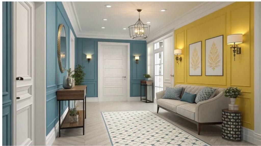  a hallway with lighting, blue and yellow walls, a sofa, plants, and decorative