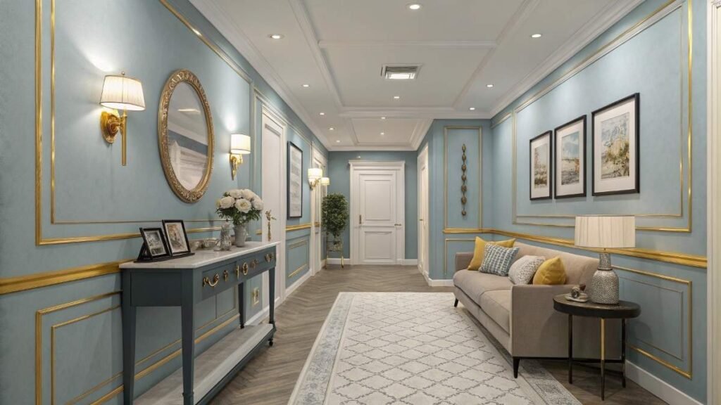 a stylish hallway with mixed accessories and furniture.