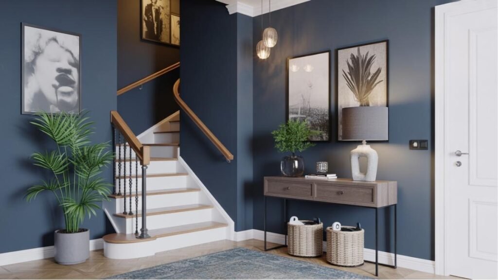 hallway with plants or stairs, and framed artwork.