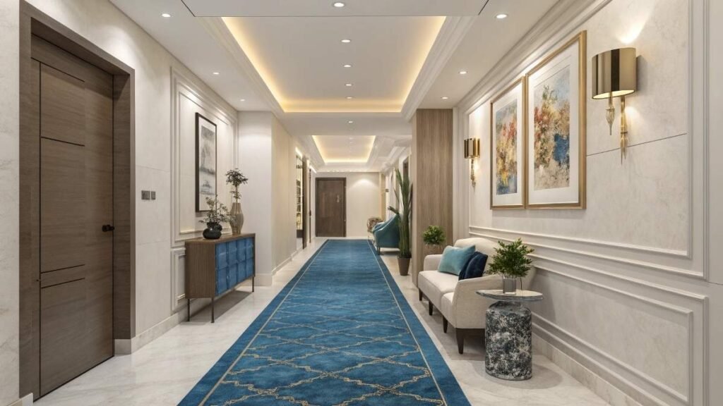 hallway with wall art and decorative elements.