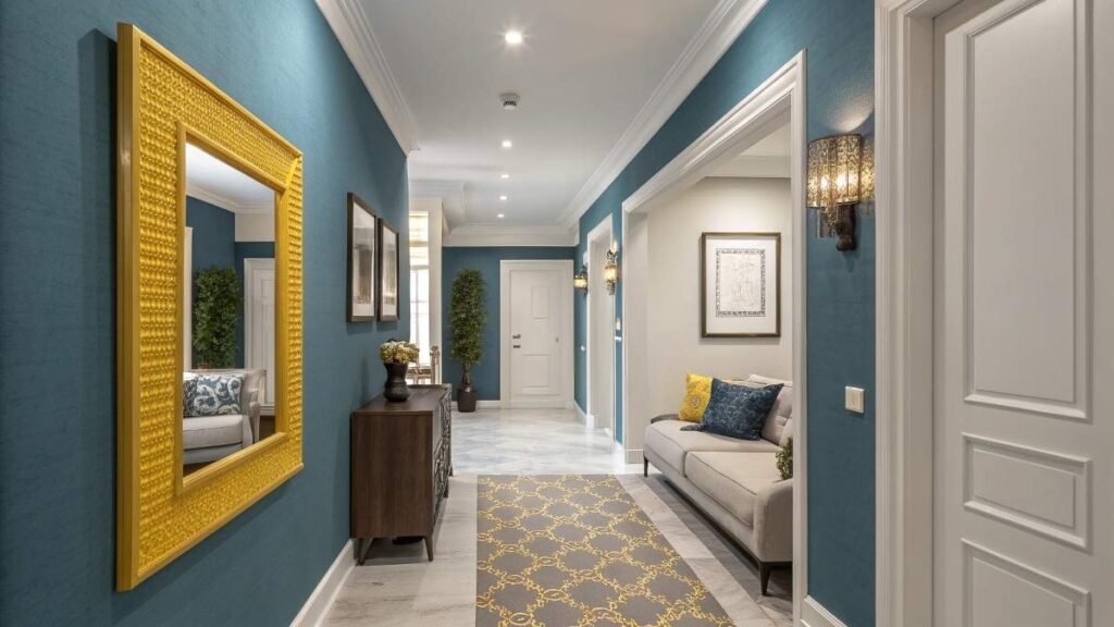 Modern hallway with  yellow mirror frame and blue walls 