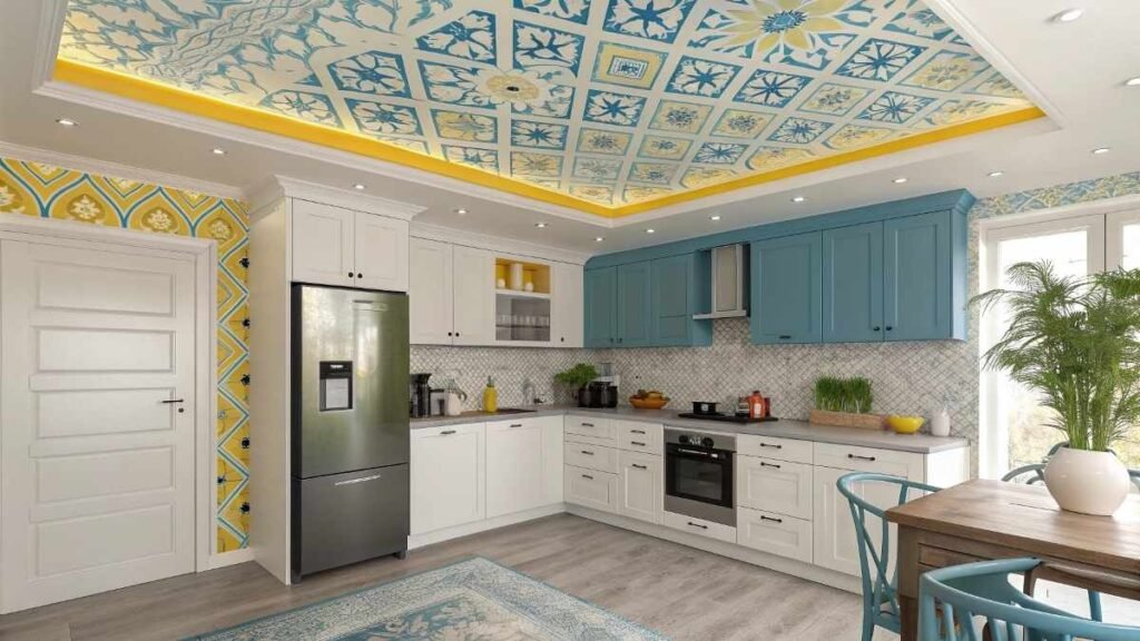 A kitchen room with a beautiful blue-yellow ceiling design