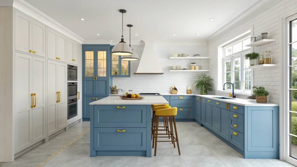 A modern small kitchen with blue cabinets and yellow handles with an island