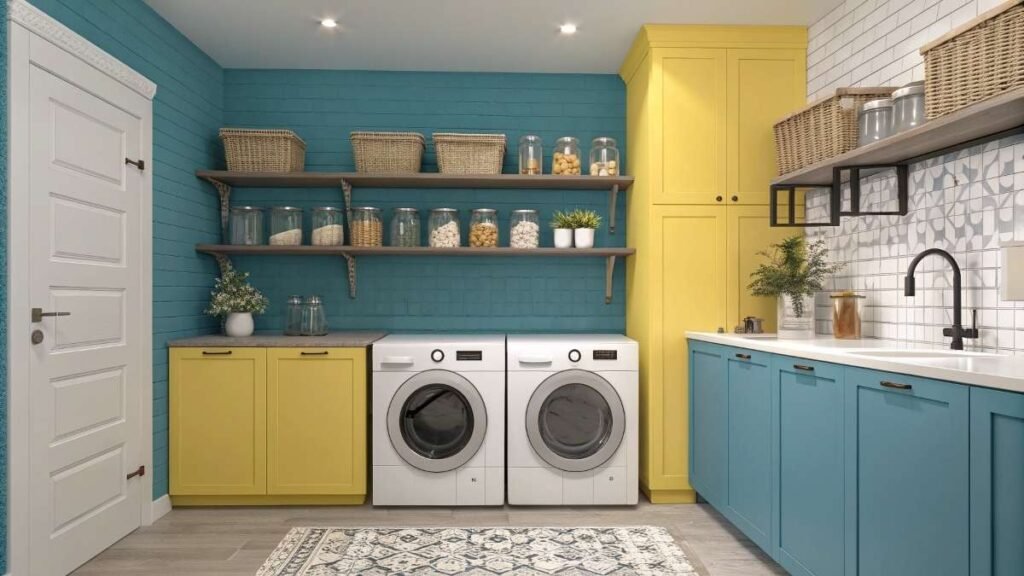 Laundry room with glass jars & colorful cabinets, and shelves.