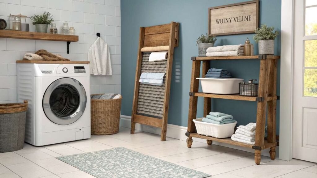Laundry room with a washboard, shelves, and baskets.