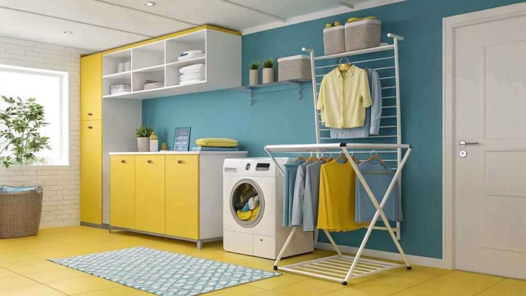 A stylish blue and yellow laundry room featuring a drying rack and washing machine.