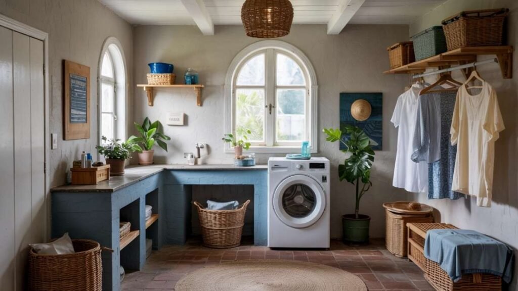 Bright, organized laundry room with plants and a washer