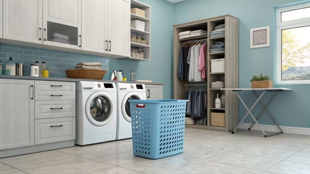 Laundry room with blue basket washer, dryer, and clothing storage