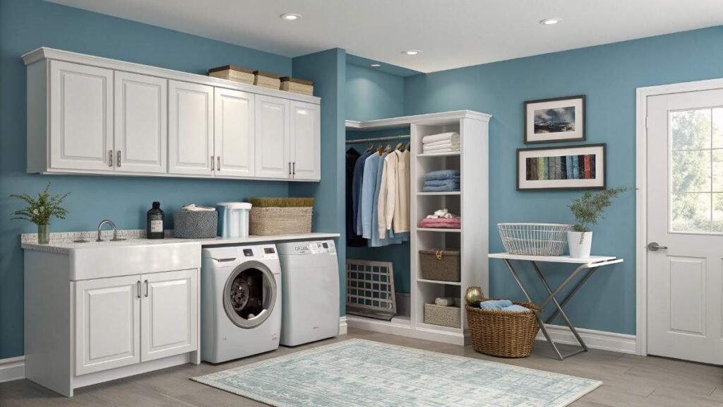Laundry room with blue walls & washer, dryer, shelves, and storage.