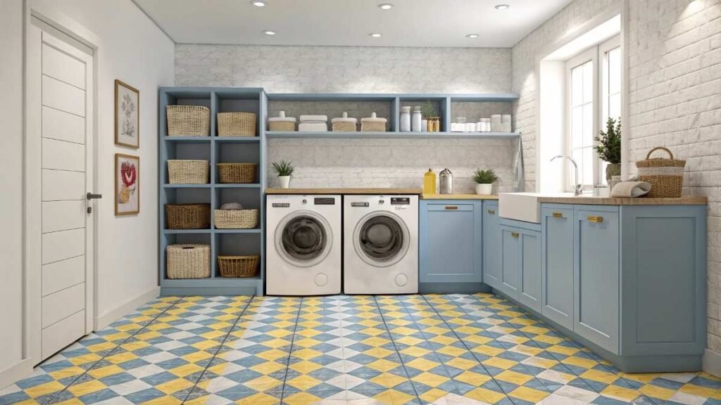 A laundry room with blue and yellow floor tiles, creating a vibrant and cheerful atmosphere.