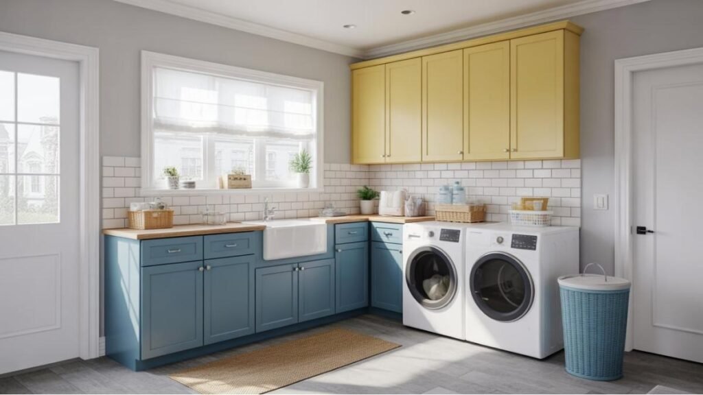 A stylish Laundry room with Blue Hampers
