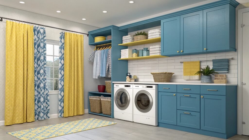 Laundry room with blue cabinets, mix and match curtains, and washer