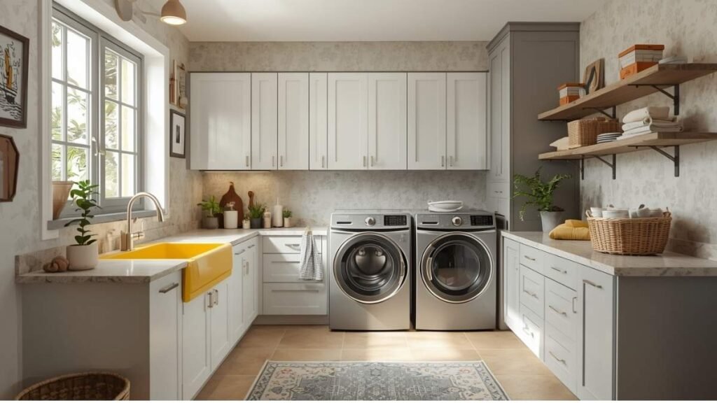 Bright laundry room with yellow sink
