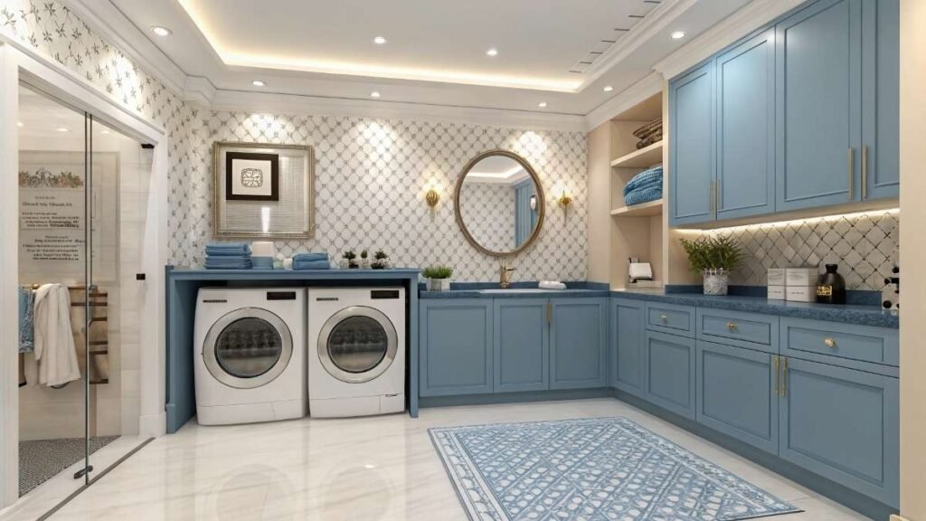 Laundry room vintage decor with blue cabinets and appliances.