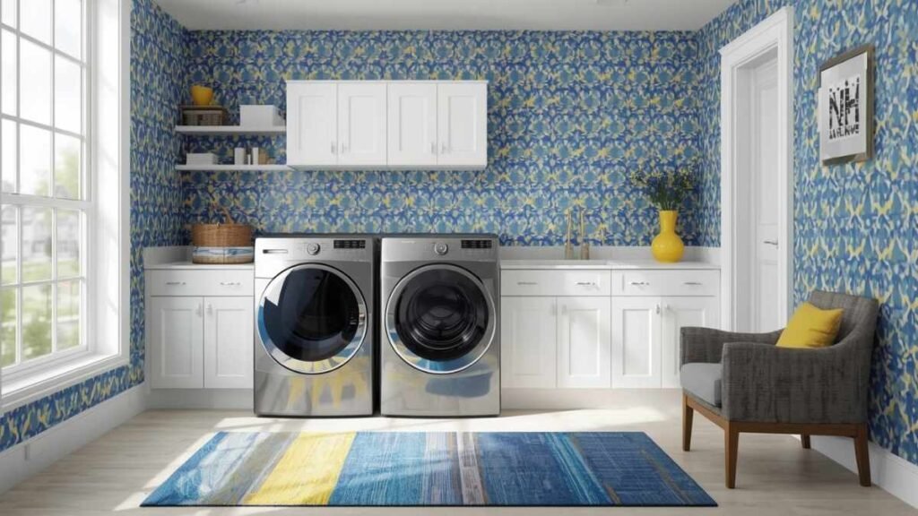 A stylish laundry room with Colorful Wallpaper