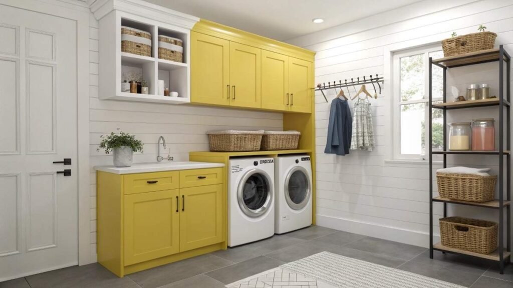 Laundry room with yellow cabinets, washer, and shelving units.