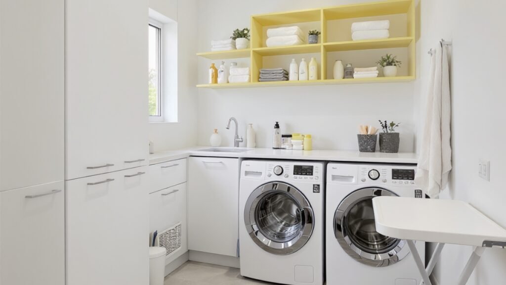 Laundry room with yellow open shelves,washer, dryer, and countertop.