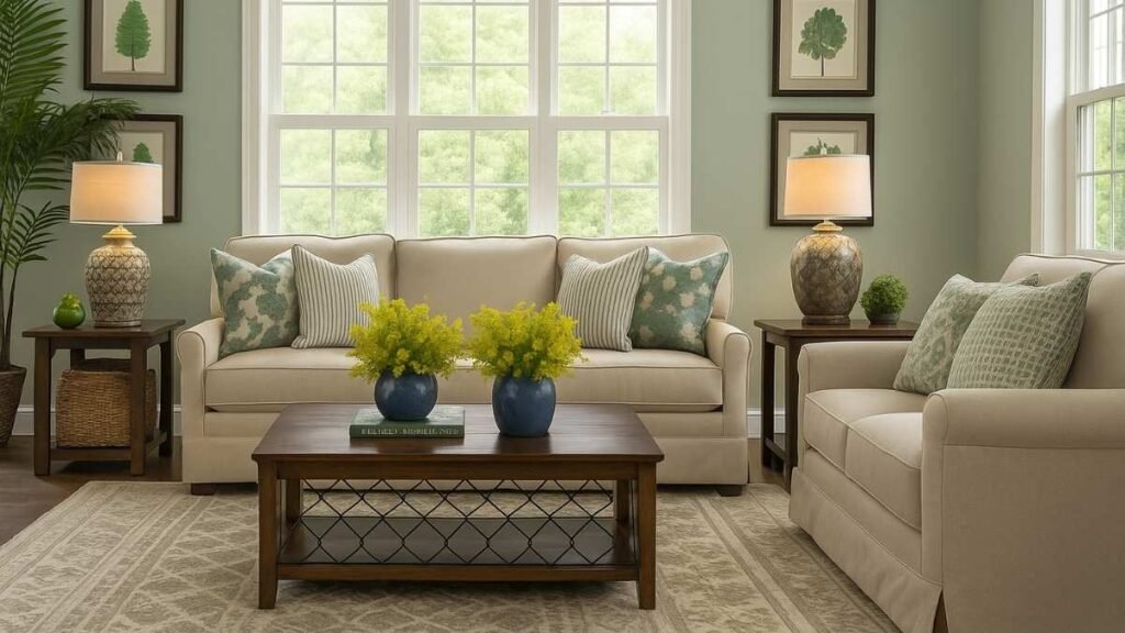 A living room Blue Planters with Yellow Flowers
