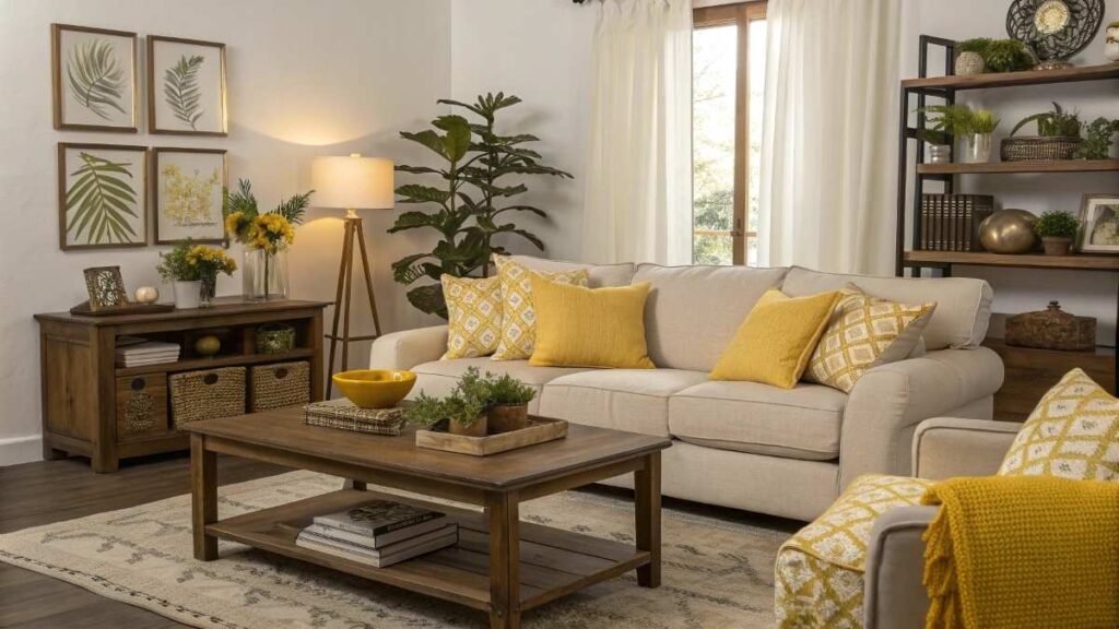 A living room with sofa and a yellow pillow