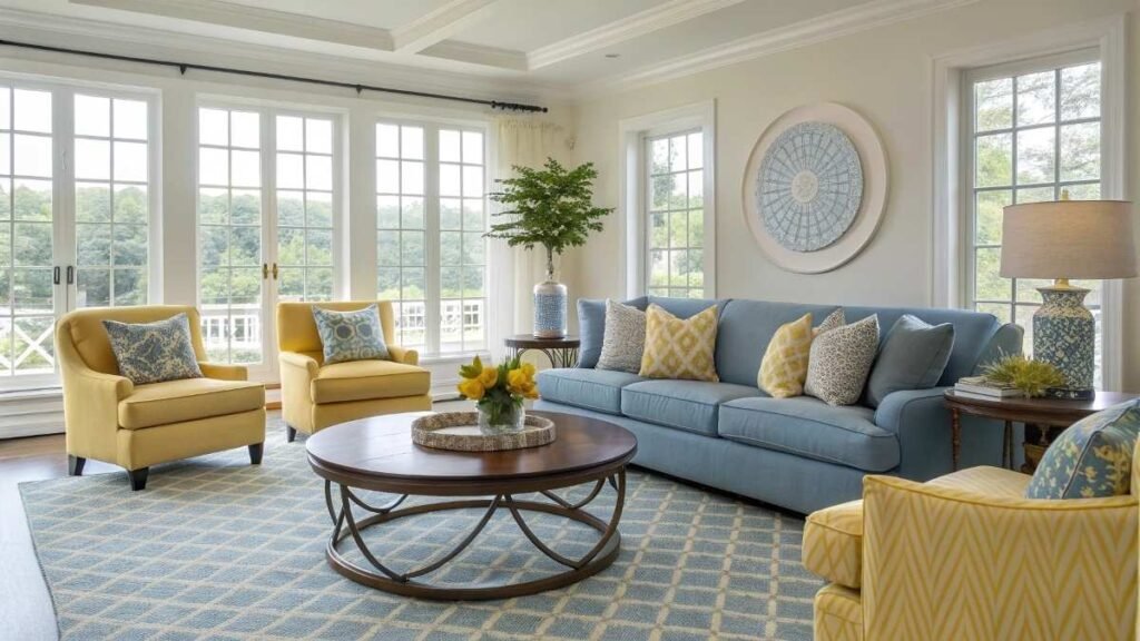 A stylish blue and yellow living room with coffee table
