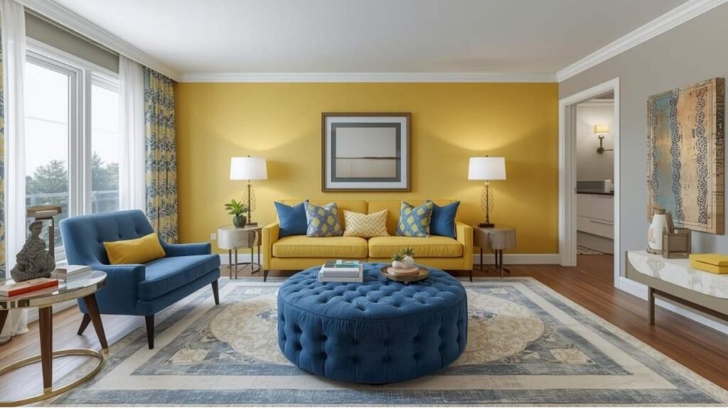 A stylish living room with a blue Ottoman