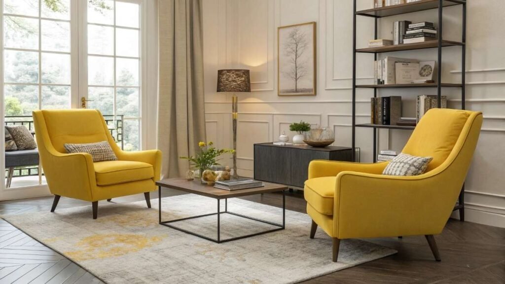 A living room with yellow Armchairs