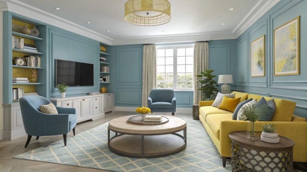 A living room with Yellow Velvet Accent Chair