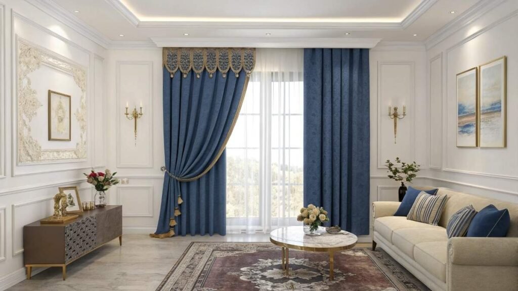 An elegant living room with blue curtains.