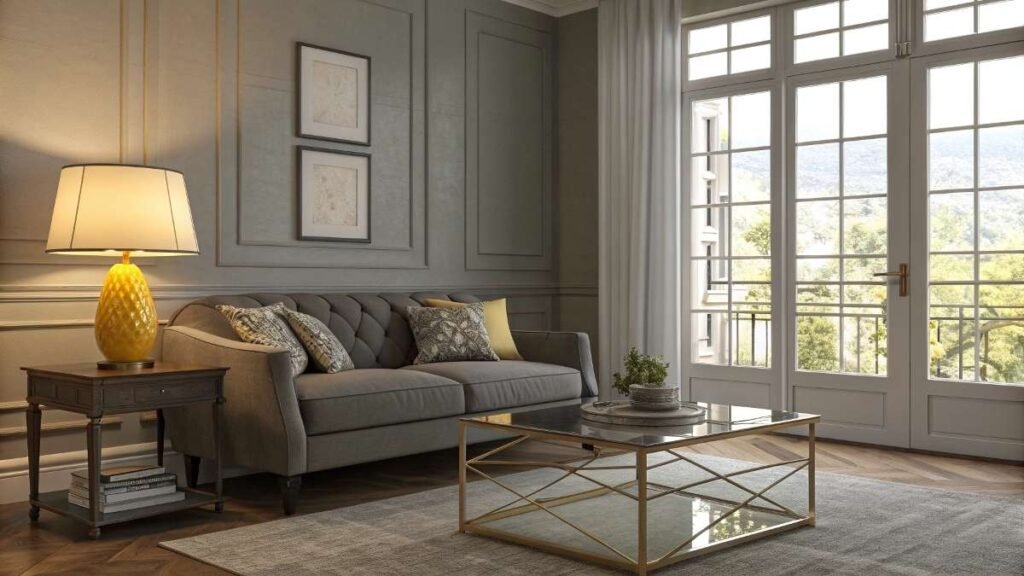 A living room with a Yellow lamp, a Sofa, and a table  