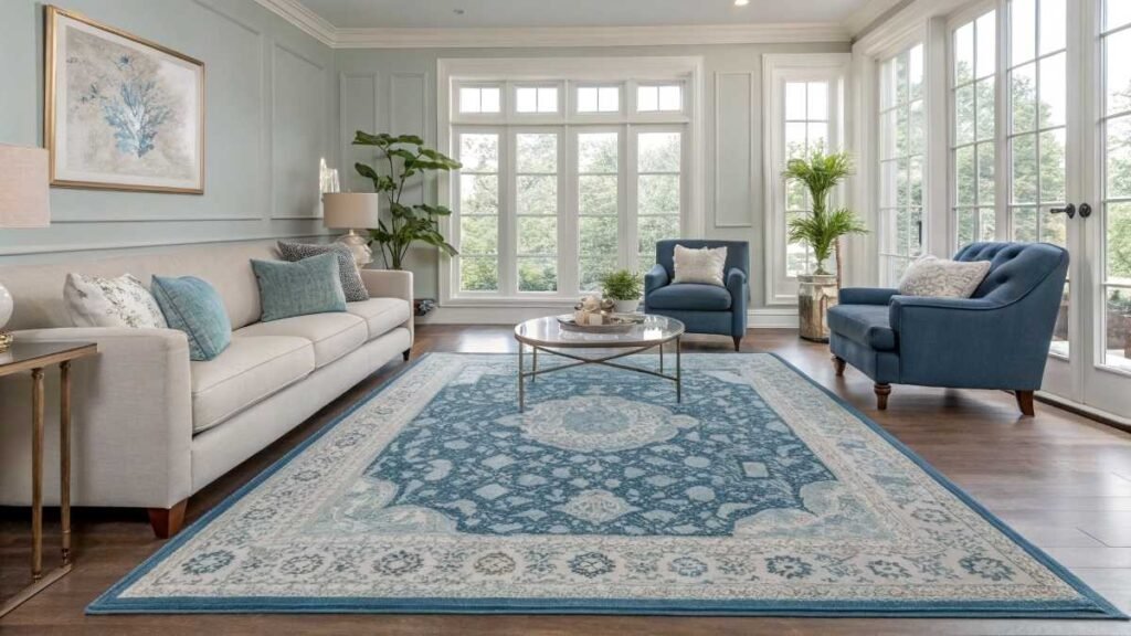 A living room with a navy rug 