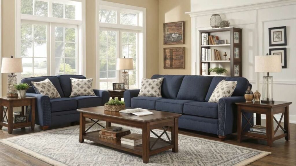 A living room with a navy sofa