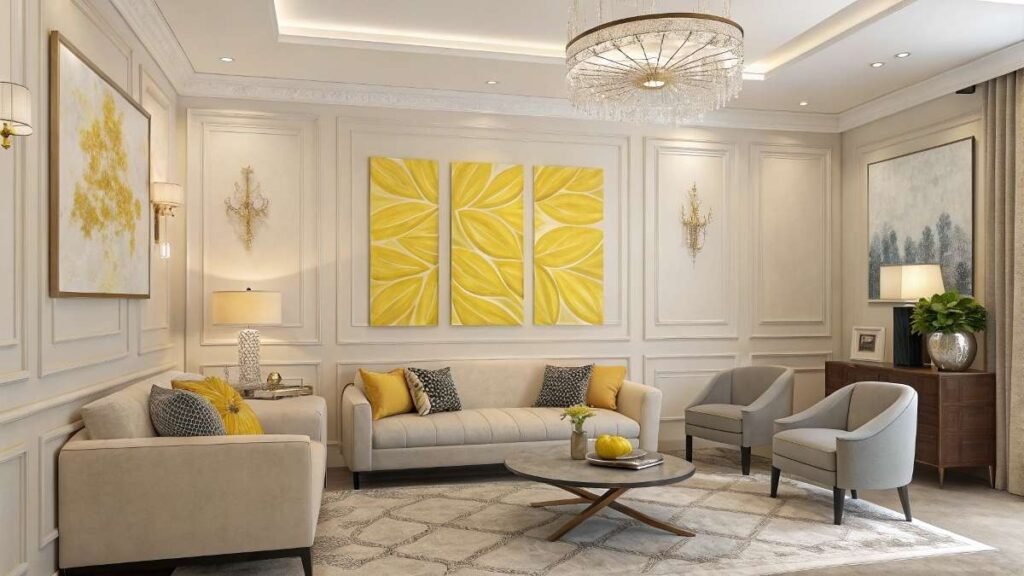 A Living room with stylish Lemon Yellow Wall Art