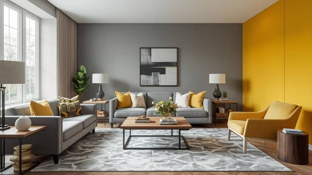 A stylish living room with Gray and Yellow Wall Paint 