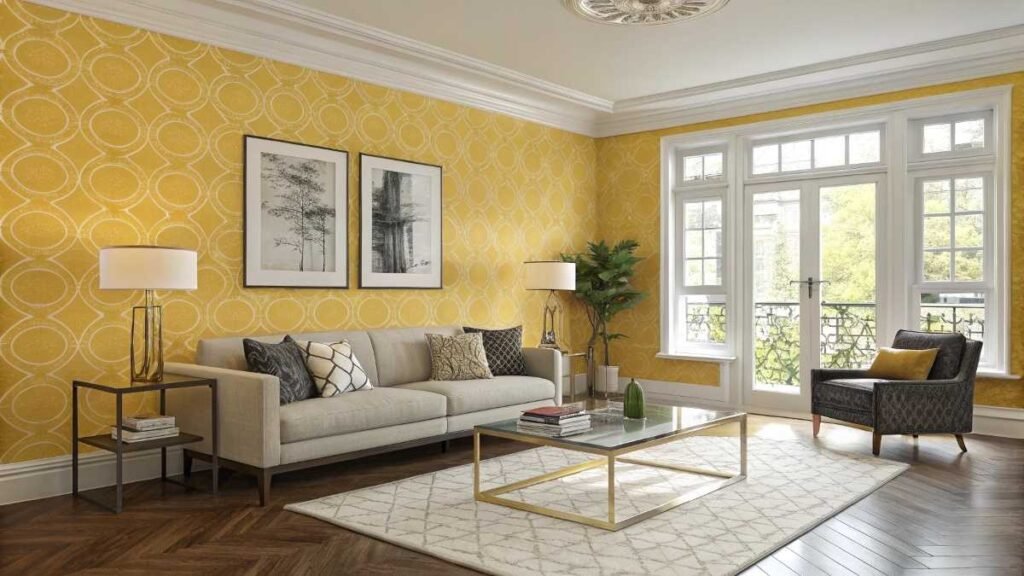 A stylish living room with Yellow Wallpaper
