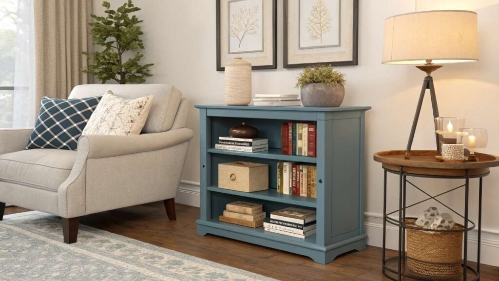 A stylish Living room with a blue bookshelf