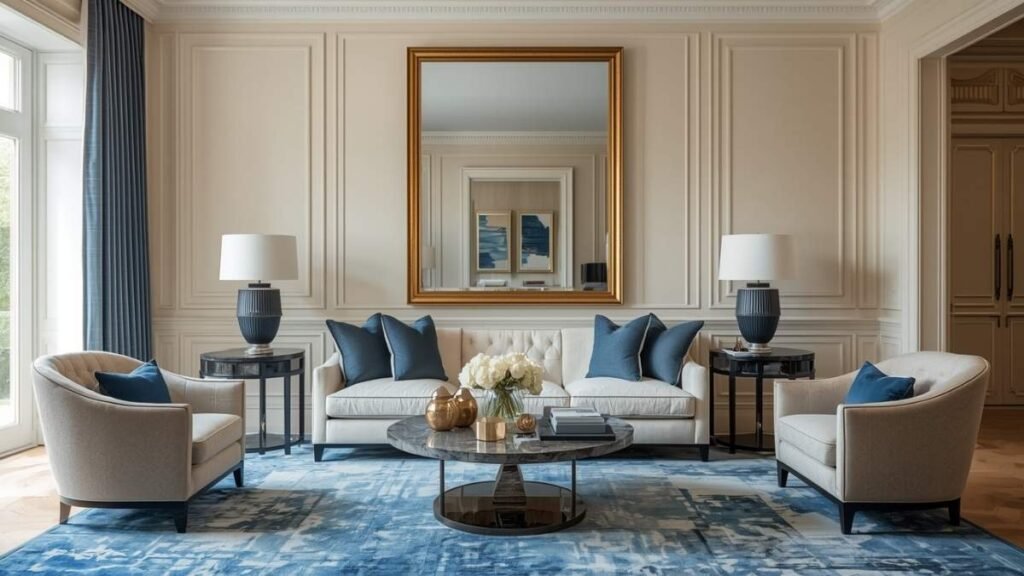 A stylish Living room with a Sofa and Gold Mirror