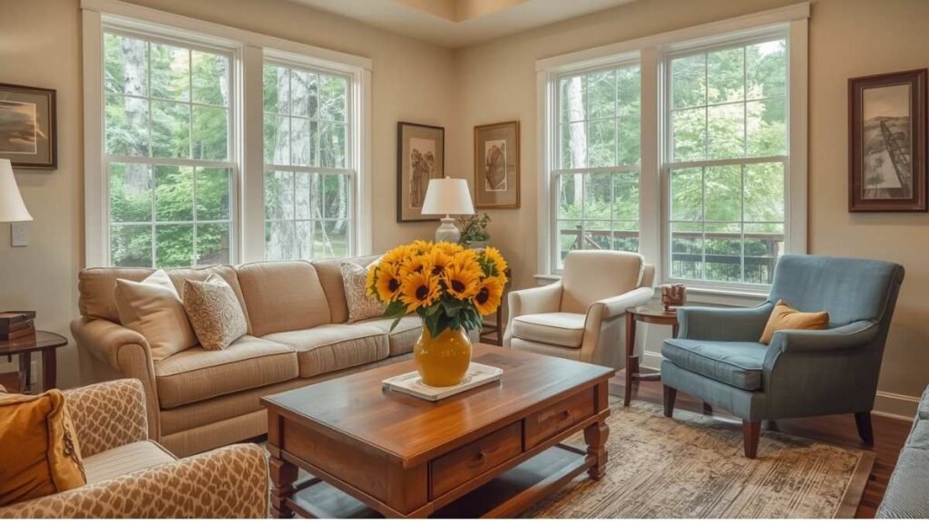 A stylish living room with yellow Vase 