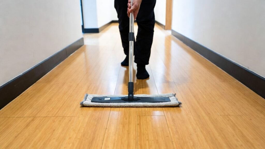 A person mopping a bamboo floor