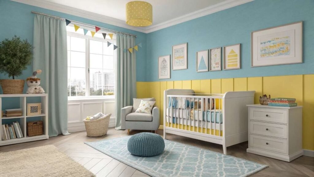 A stylish nursery room with blue and yellow walls
