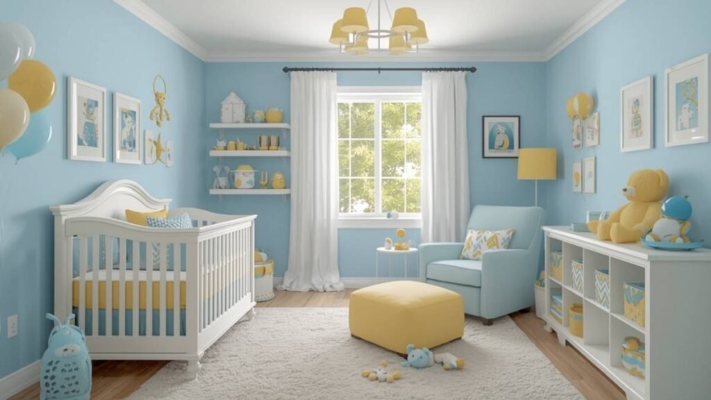 A stylish nursery room with a cozy rug
