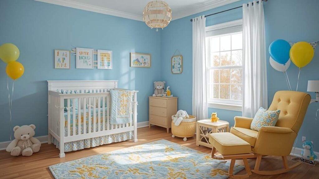 A stylish blue and Yellow Nursery with mix Furniture